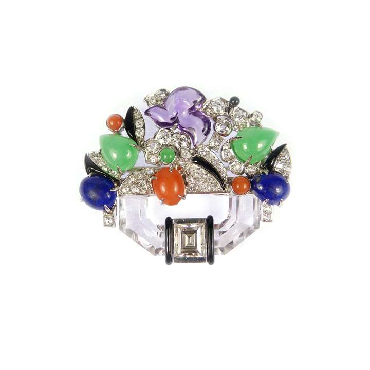 Diamond, crystal, amethyst and gem set clip brooch designed as a stylised basket of flowers